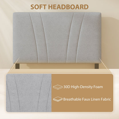 The upholstered headboard with a close-up detail showing the foam and fabric texture