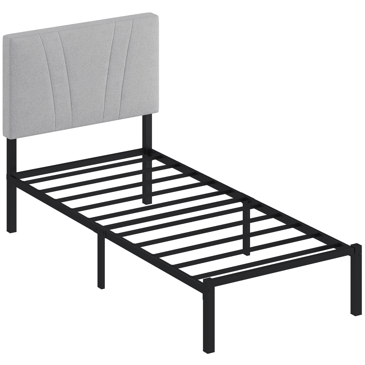 HOMCOM 3FT Single Bed Frame with a black metal base and a light grey upholstered headboard