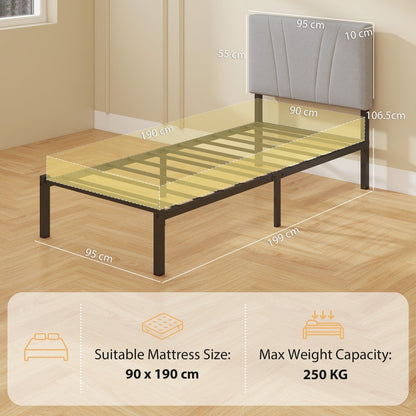 The metal bed frame showing dimensions and space for a mattress with technical annotations