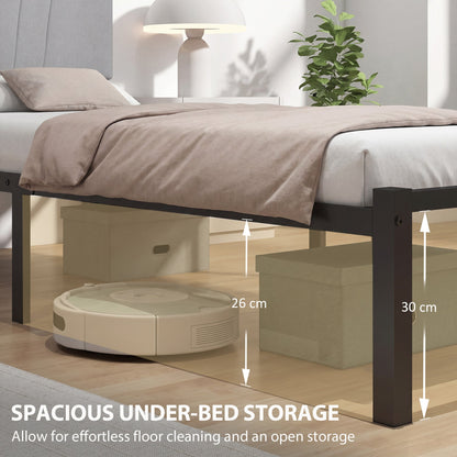 The single bed frame showing the open space underneath for storage and floor cleaning