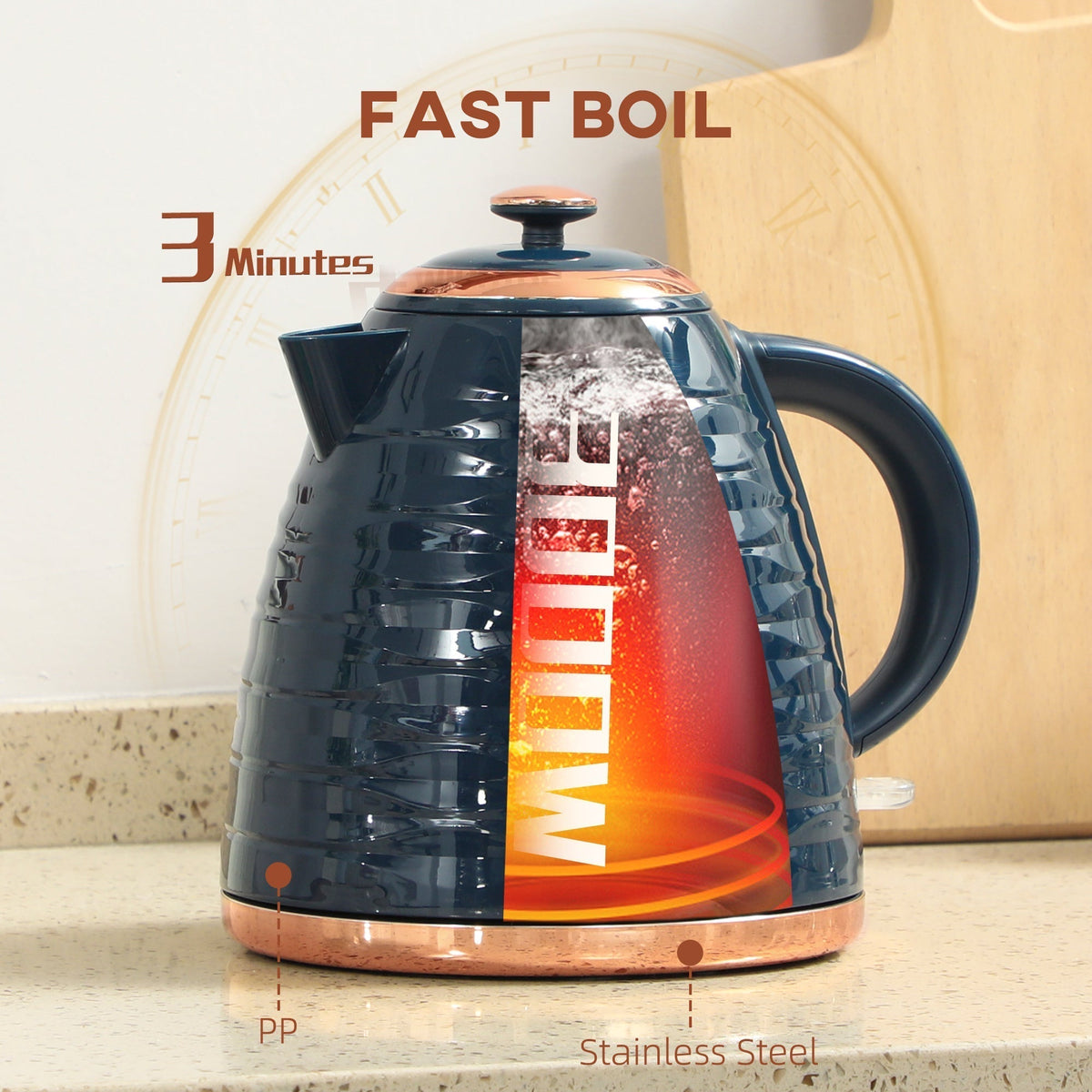 The electric kettle with a graphic overlay showing the heating element and fast boil feature