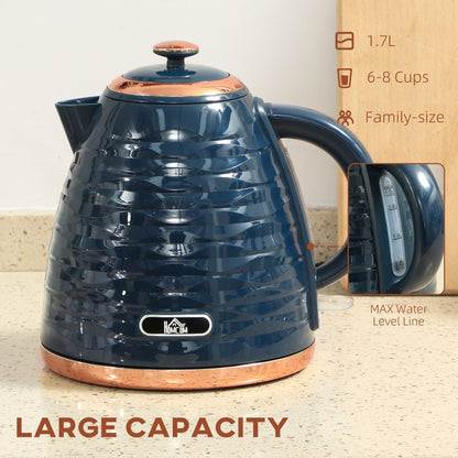 The dark blue honeycomb kettle with copper trim on a kitchen counter, showing its large capacity