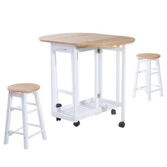 HOMCOM 3 Pieces Dining Room Set with a white drop leaf table and two matching wooden stools