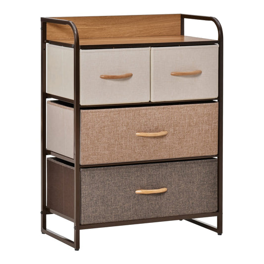 HOMCOM 4-Drawer Dresser with a wooden top and steel frame, featuring four fabric drawers in beige and brown