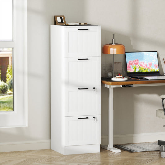 The white four drawer filing cabinet in a home office setting next to a desk and lamp