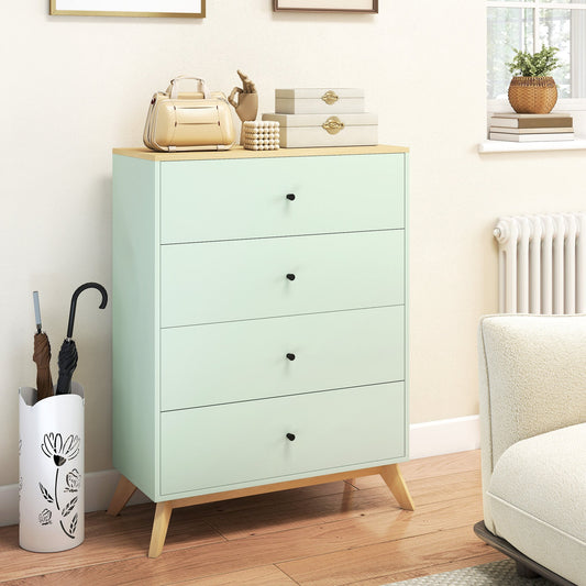 The chest of drawers placed in a bright living room next to a white umbrella stand