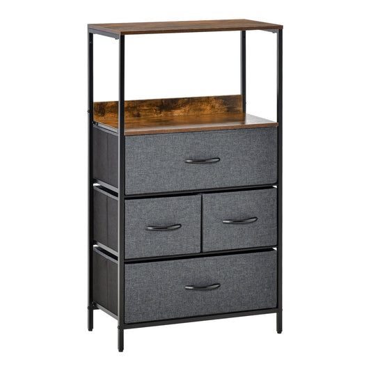 HOMCOM 4 Drawer Storage Chest Unit in black with a wooden top shelf and two open shelves