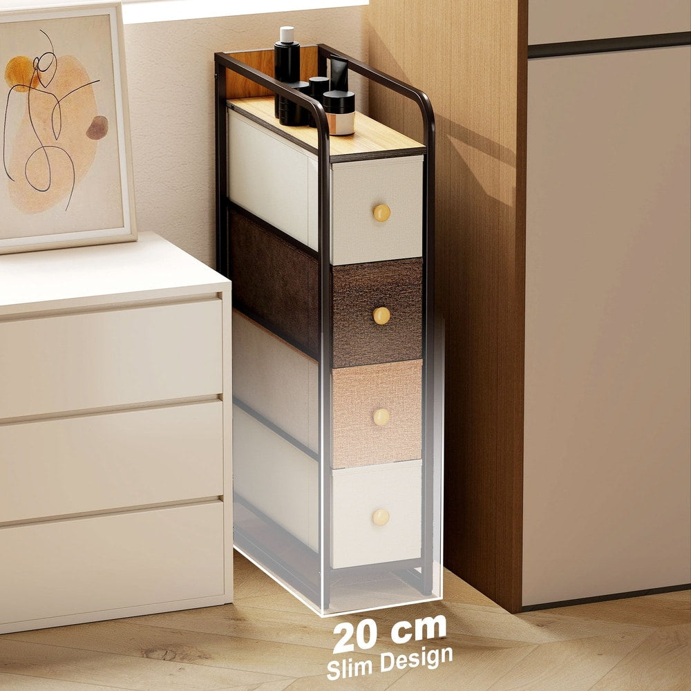 Slim design chest of drawers shown in a narrow space