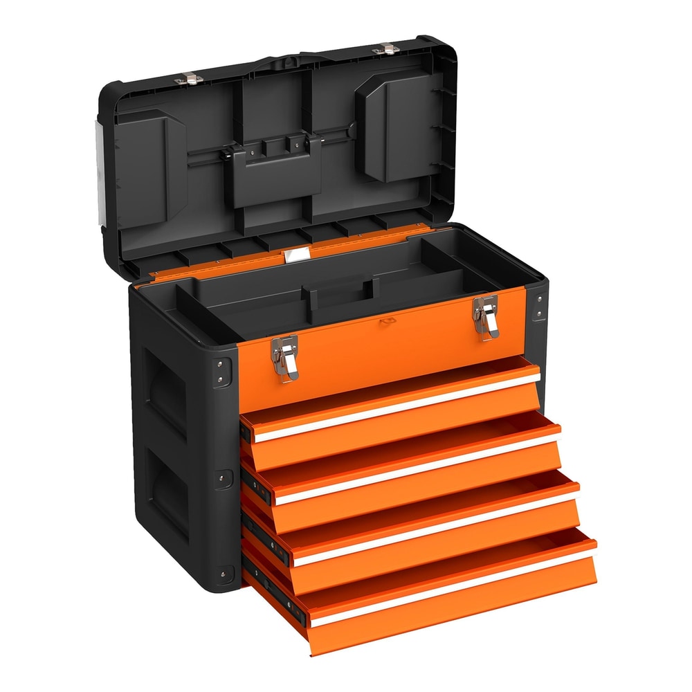 HOMCOM 4 Drawers Large Toolbox in orange and black with the lid open and drawers extended