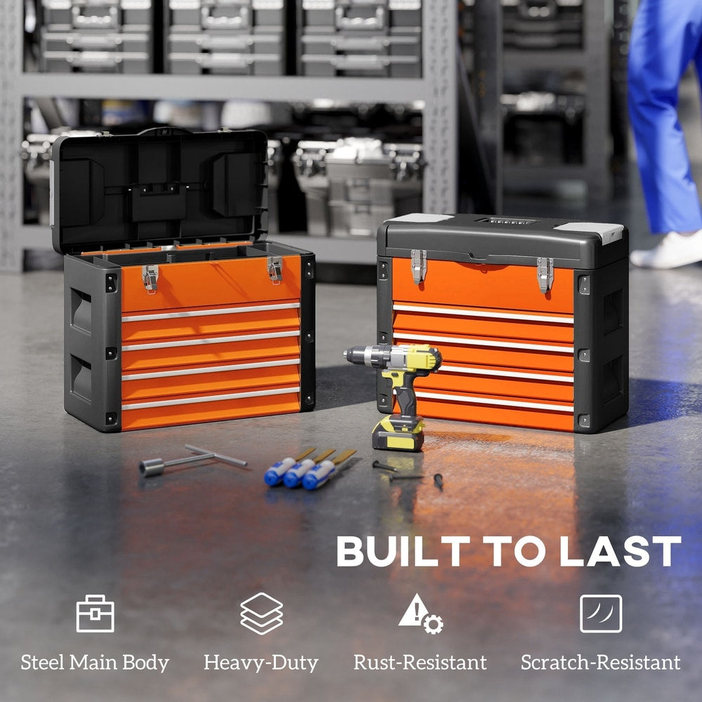 Two orange and black four drawer toolboxes, one with a drill and tools on top