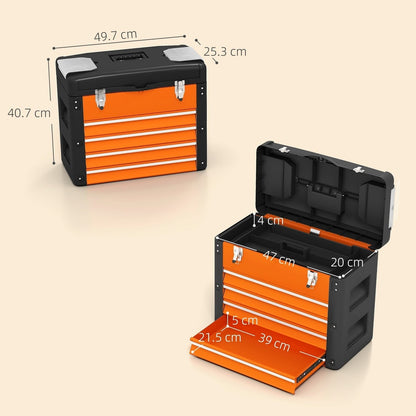 Dimensions of the orange and black four drawer large toolbox shown with lid and drawers open