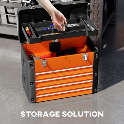 A hand reaching into the top compartment of the orange and black four drawer toolbox