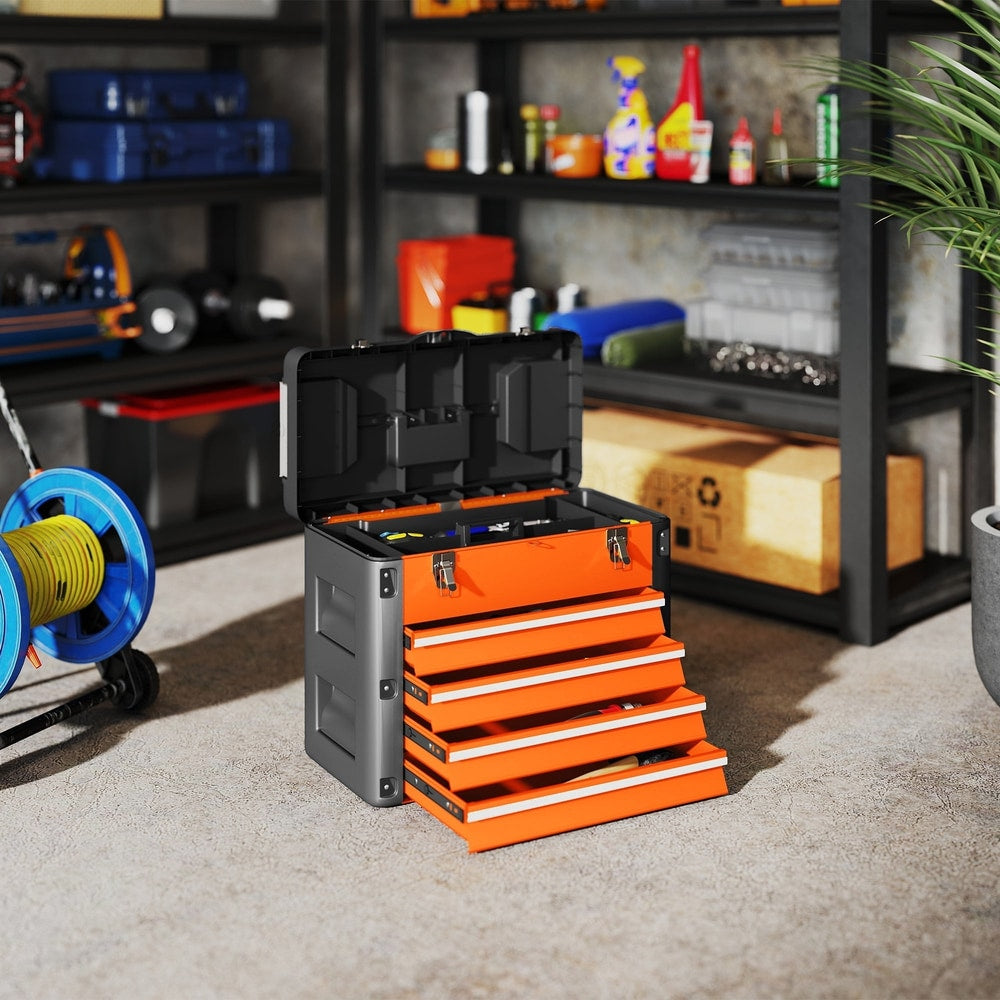 Orange and black large toolbox with four drawers, shown in a workshop setting