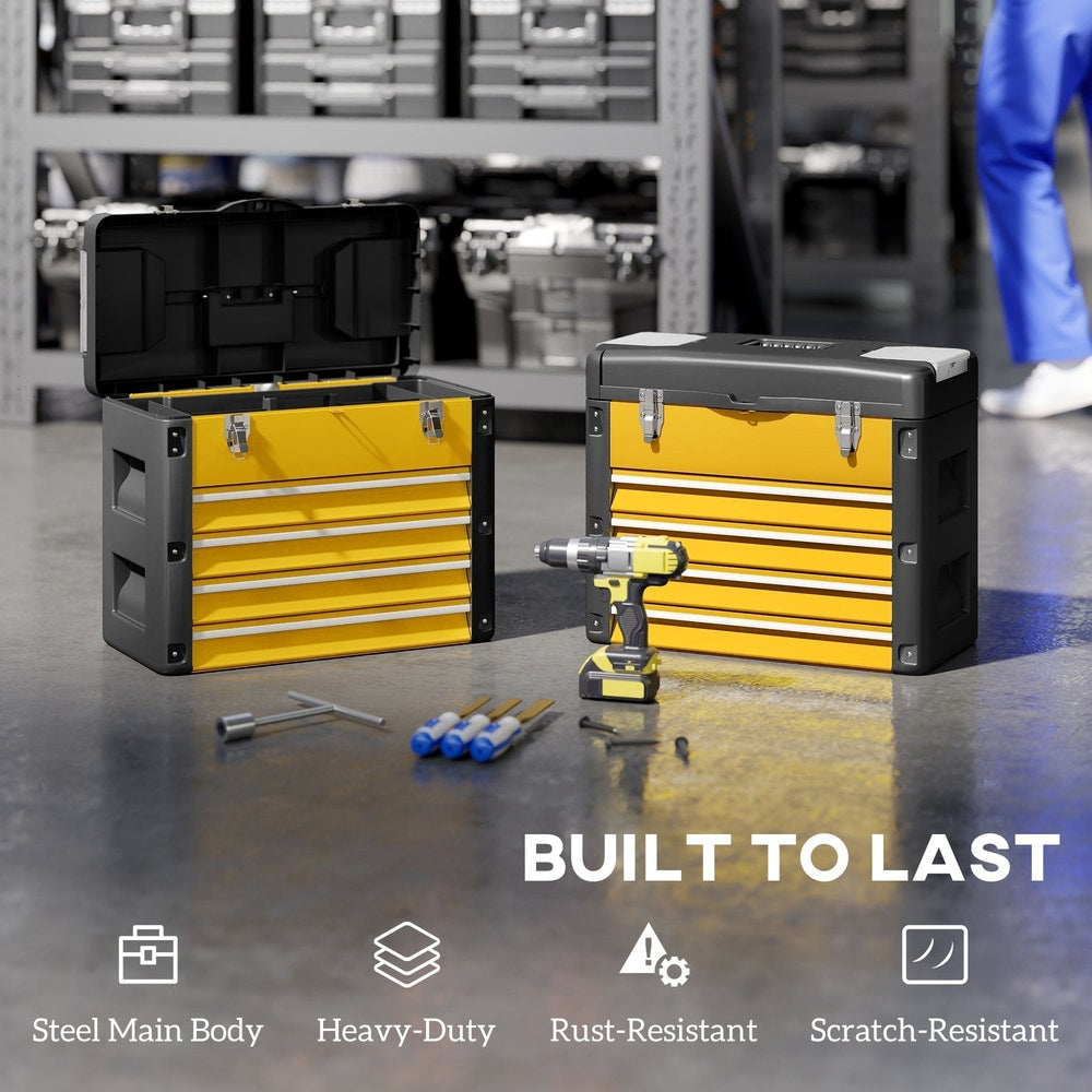 Two yellow and black four drawer toolboxes are shown with tools and a drill