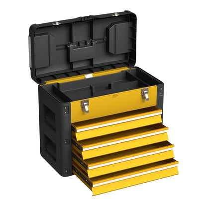 HOMCOM 4 Drawers Large Toolbox in yellow and black with the lid open and drawers extended
