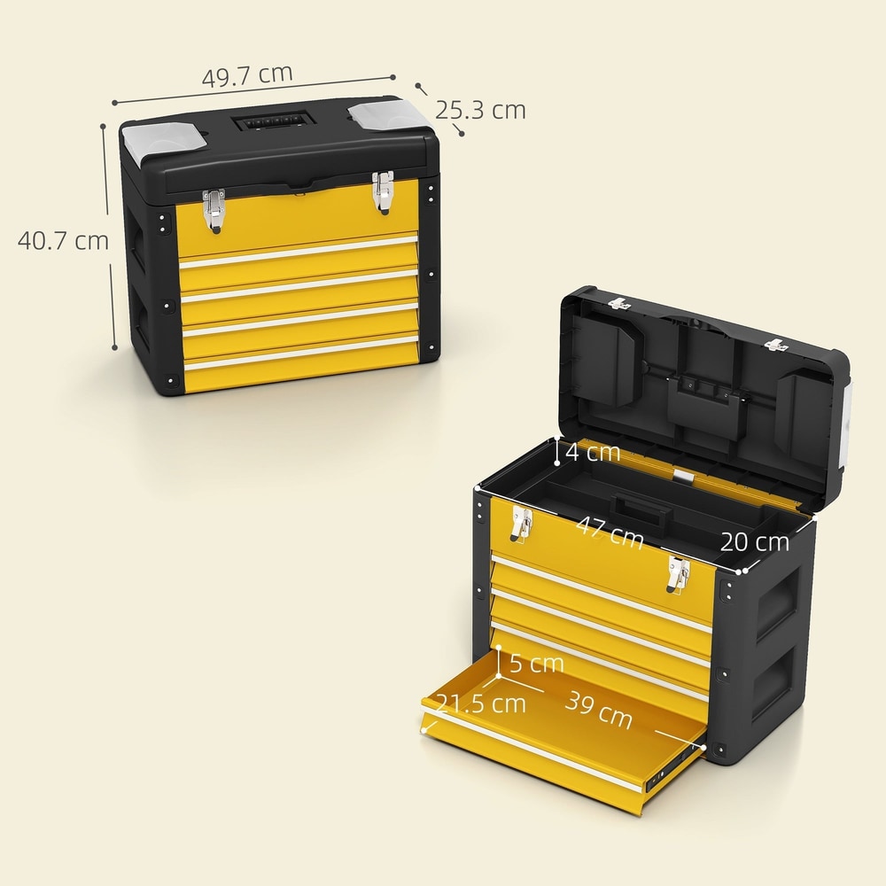 Dimensions of the yellow and black four drawer toolbox shown with drawers open