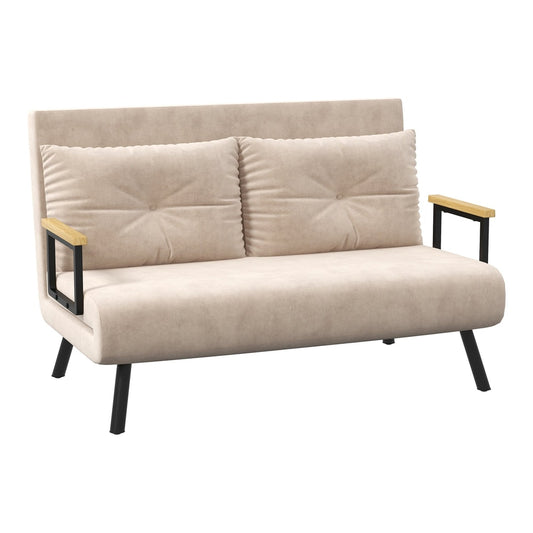 HOMCOM 4-in-1 Velvet-Feel Double Sofa Bed in beige, a two-seater sofa with two cushions and wooden armrests