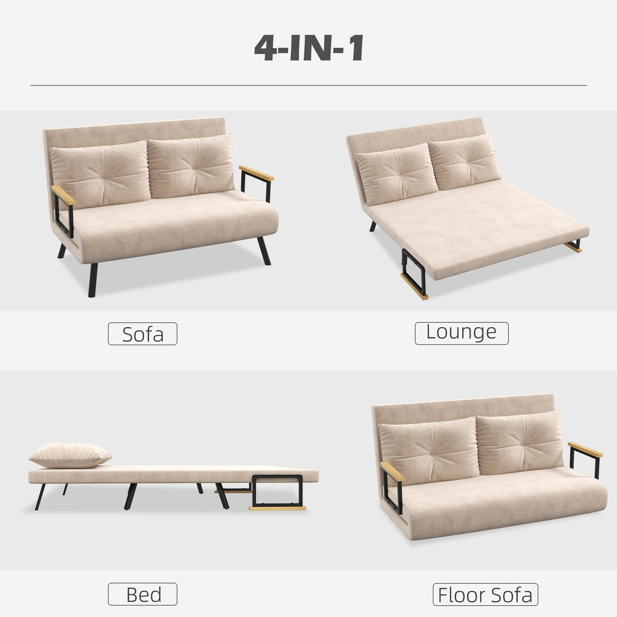 Four configurations of the beige double sofa bed: sofa, lounge, bed, and floor sofa