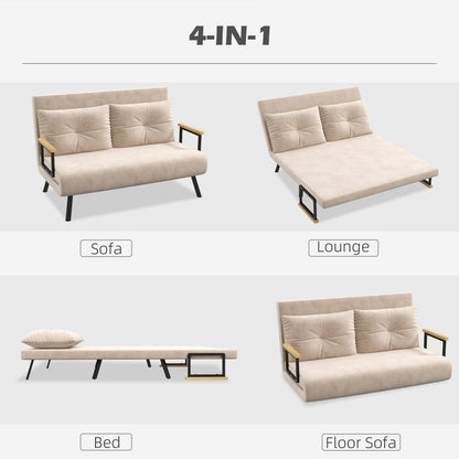 Four configurations of the beige double sofa bed: sofa, lounge, bed, and floor sofa