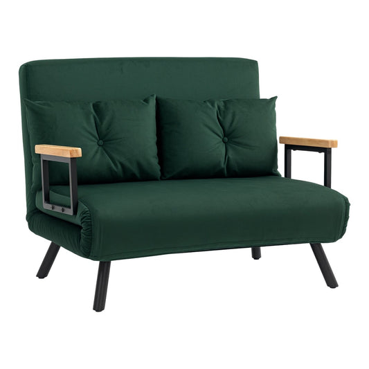 HOMCOM 4-in-1 Velvet-Feel Double Sofa Bed in green, shown as a sofa with two pillows