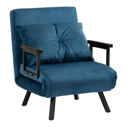 HOMCOM 4-in-1 Velvet-Feel Single Chair Bed in navy blue with a matching cushion and black armrests
