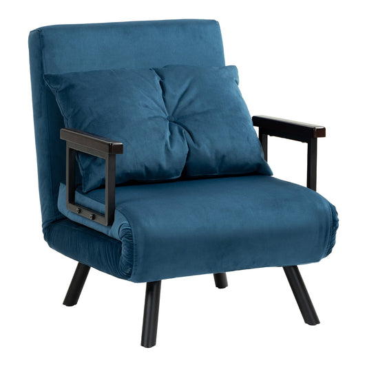 HOMCOM 4-in-1 Velvet-Feel Single Chair Bed in navy blue with a matching cushion and black armrests