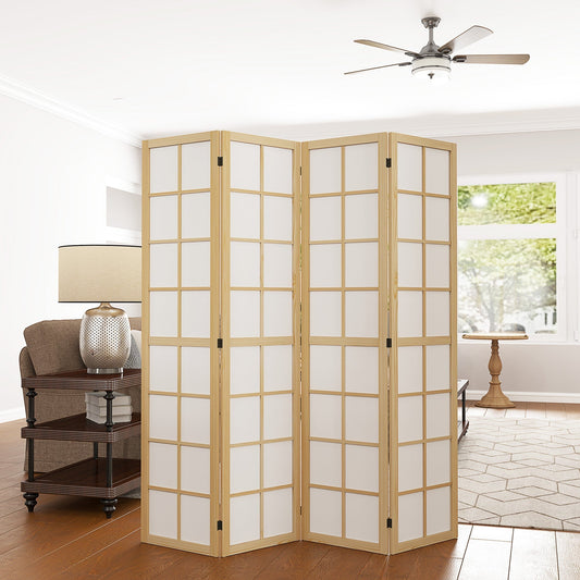The freestanding room separator is set up in a living room, dividing the space between a sofa and a dining area