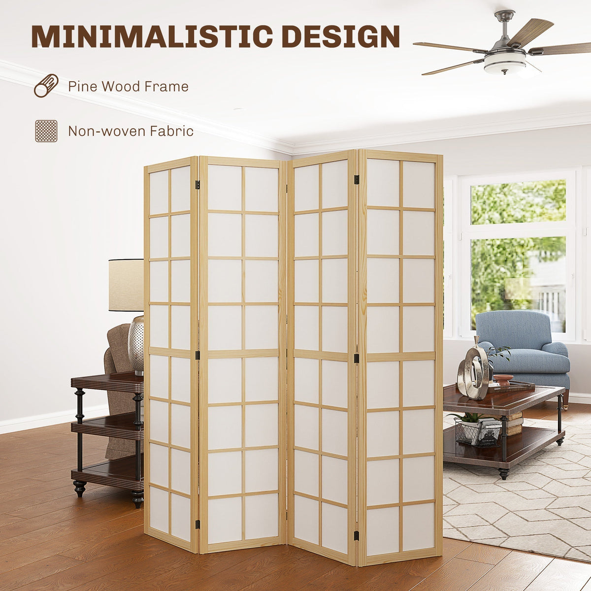 The indoor privacy screen is shown in a living room with text highlighting its minimalistic design and pine wood frame