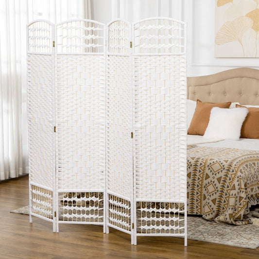 The white four-panel folding screen is set up in a bedroom behind a bed