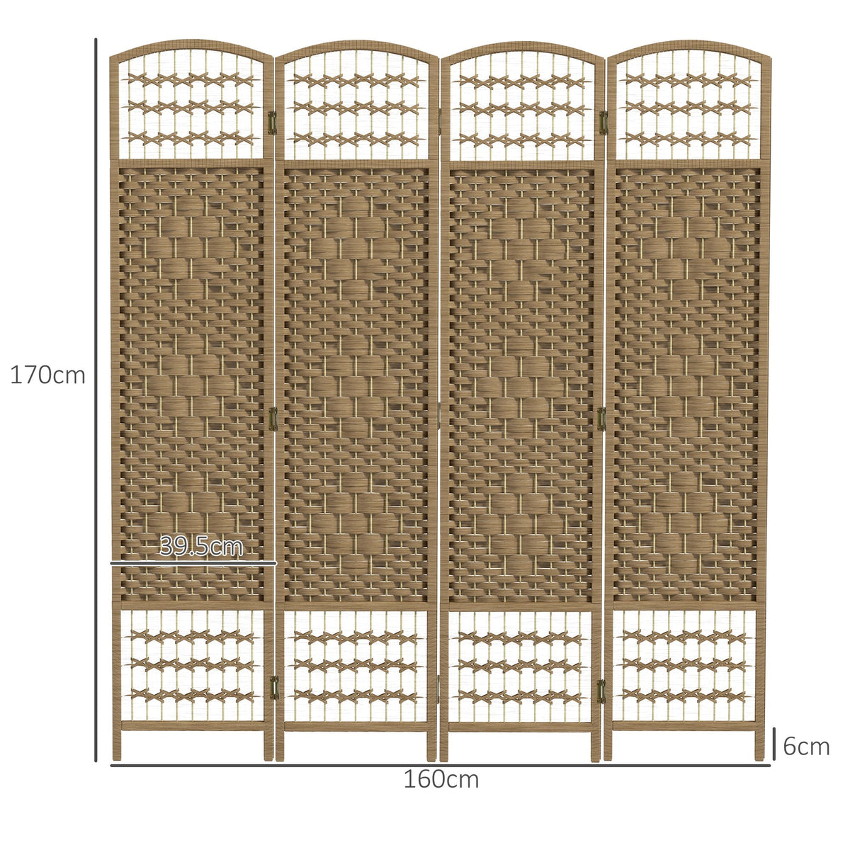 The natural coloured four panel room divider shown with dimensions