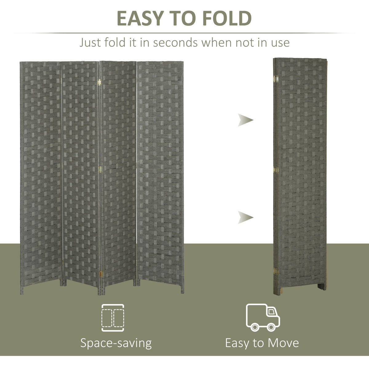 The grey four-panel room divider being folded and unfolded