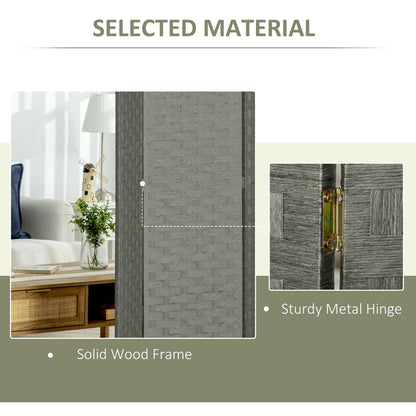 Close up of the grey four-panel room divider showing the woven texture and hinge
