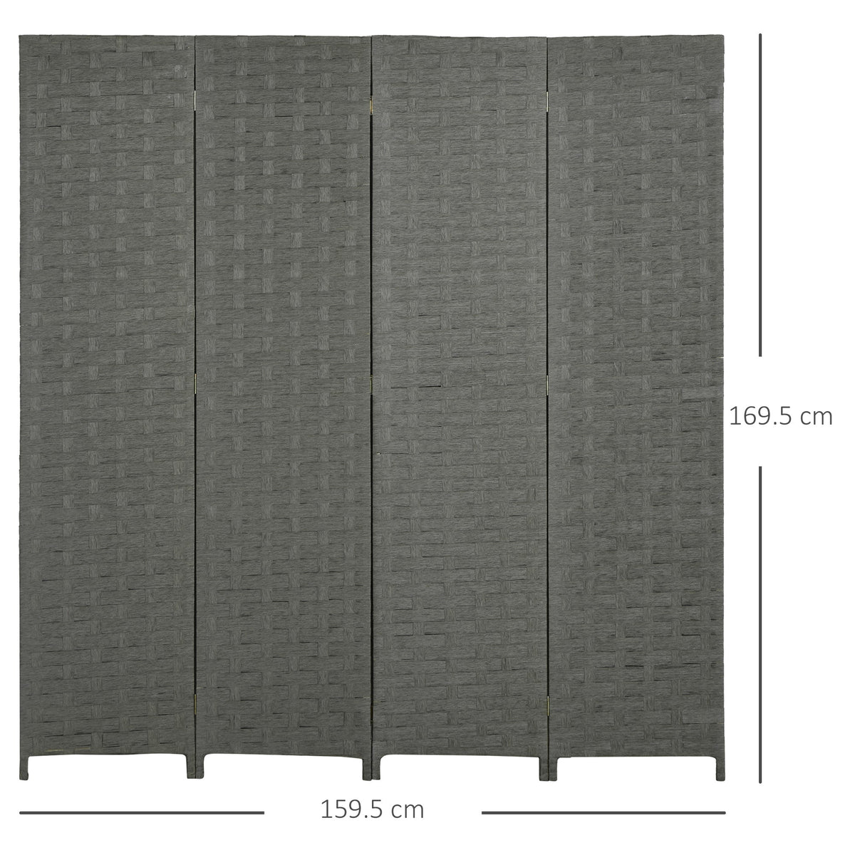 The grey four-panel room divider with dimensions shown