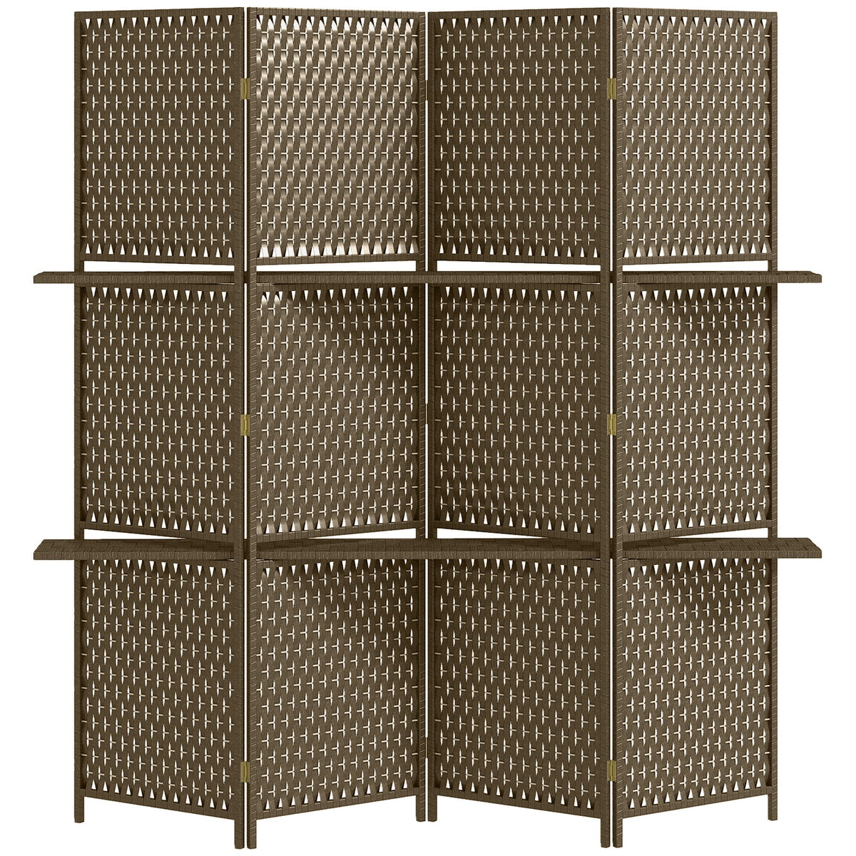 HOMCOM 4-Panel Room Dividers with Shelves, a brown woven folding screen with shelves on each side