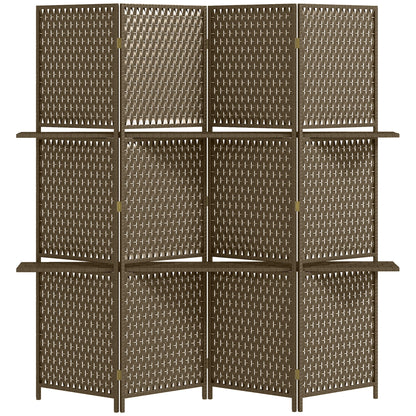 HOMCOM 4-Panel Room Dividers with Shelves, a brown woven folding screen with shelves on each side