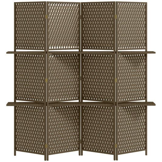 HOMCOM 4-Panel Room Dividers with Shelves, a brown woven folding screen with shelves on each side