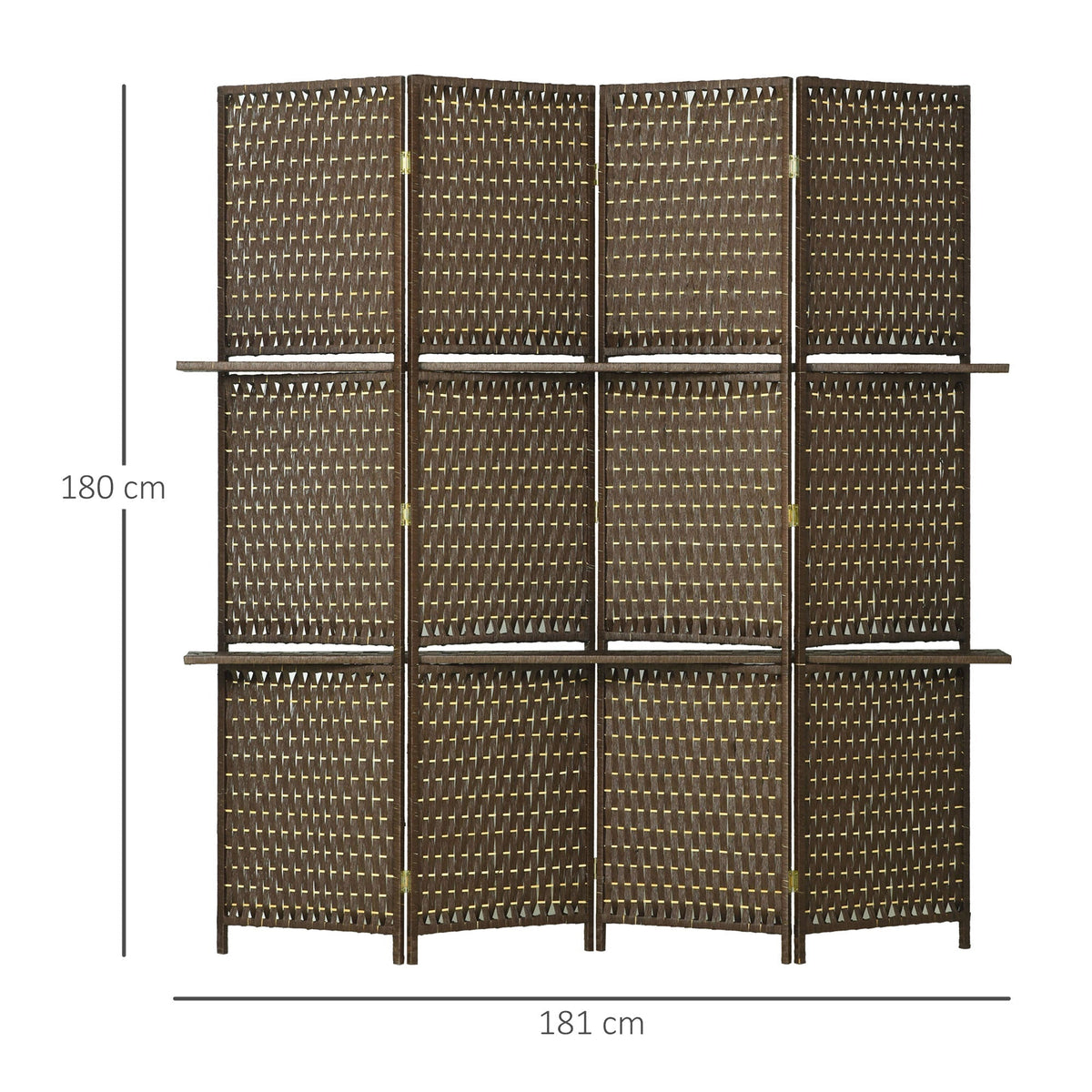 The brown woven room divider with dimensions shown
