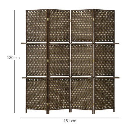 The brown woven room divider with dimensions shown