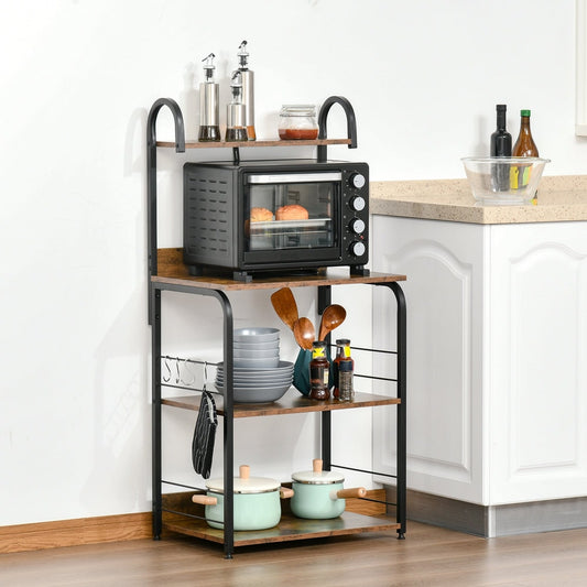 The kitchen storage unit holding a microwave, plates, spices, and pots in a domestic setting