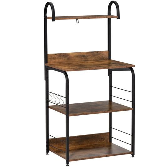 HOMCOM 4-Tier Baker's Rack, a kitchen storage unit with shelves and hooks in a rustic brown finish
