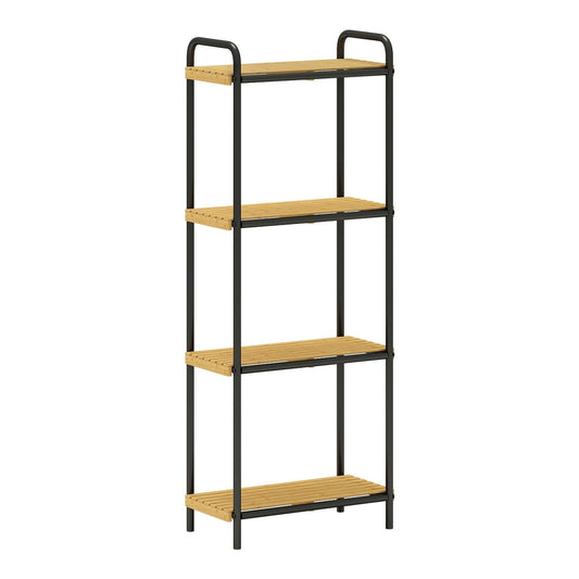 HOMCOM 4-Tier Bamboo Bathroom Storage Shelf, a narrow freestanding unit with four slatted shelves and black metal frame