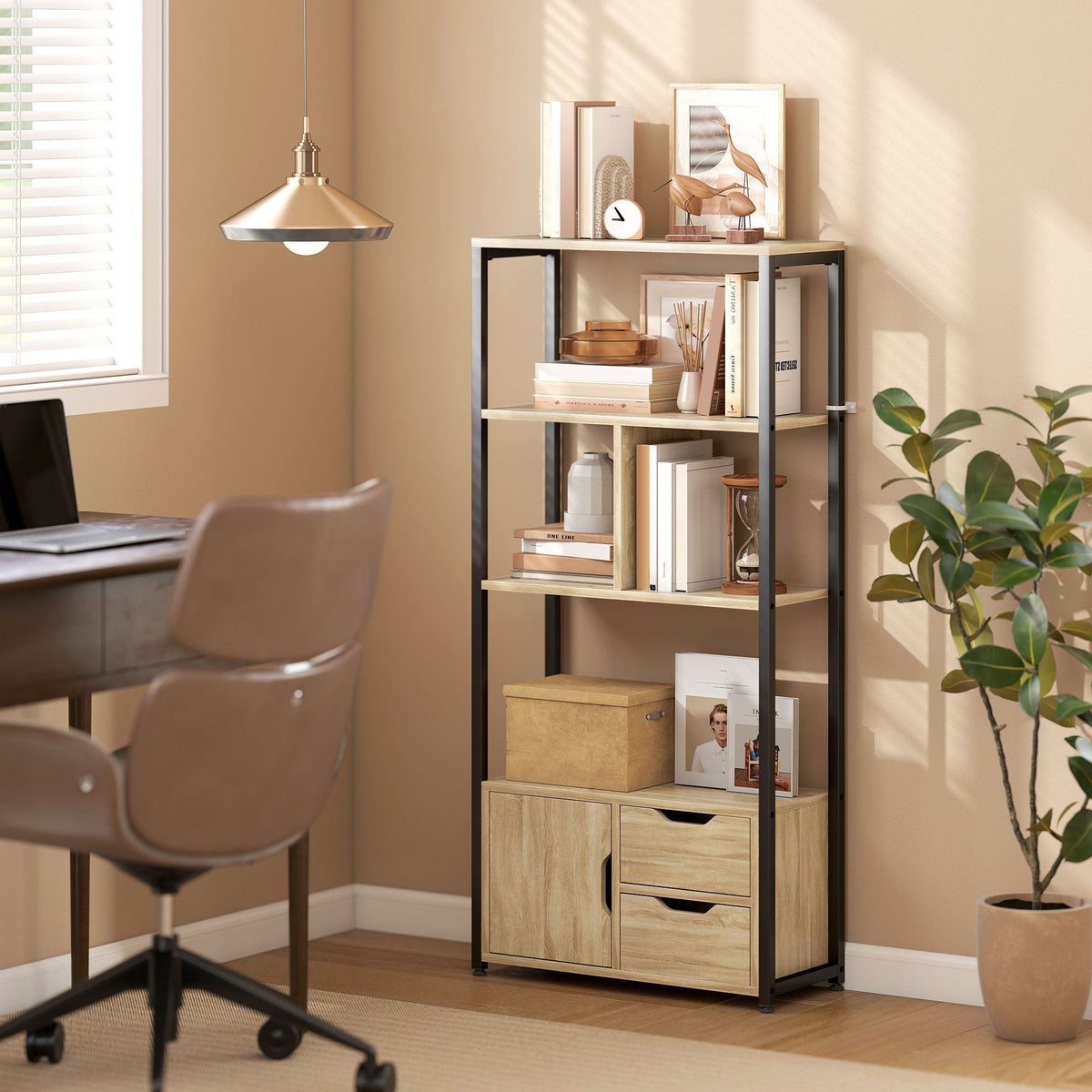 The four-tier bookcase styled with books and decor in a home office setting