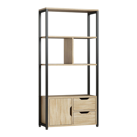 HOMCOM 4-Tier Bookcase with a cabinet and two drawers, natural wood effect finish and black metal frame
