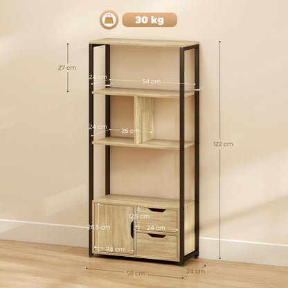 The natural wood effect bookcase with dimensions shown for each shelf and drawer
