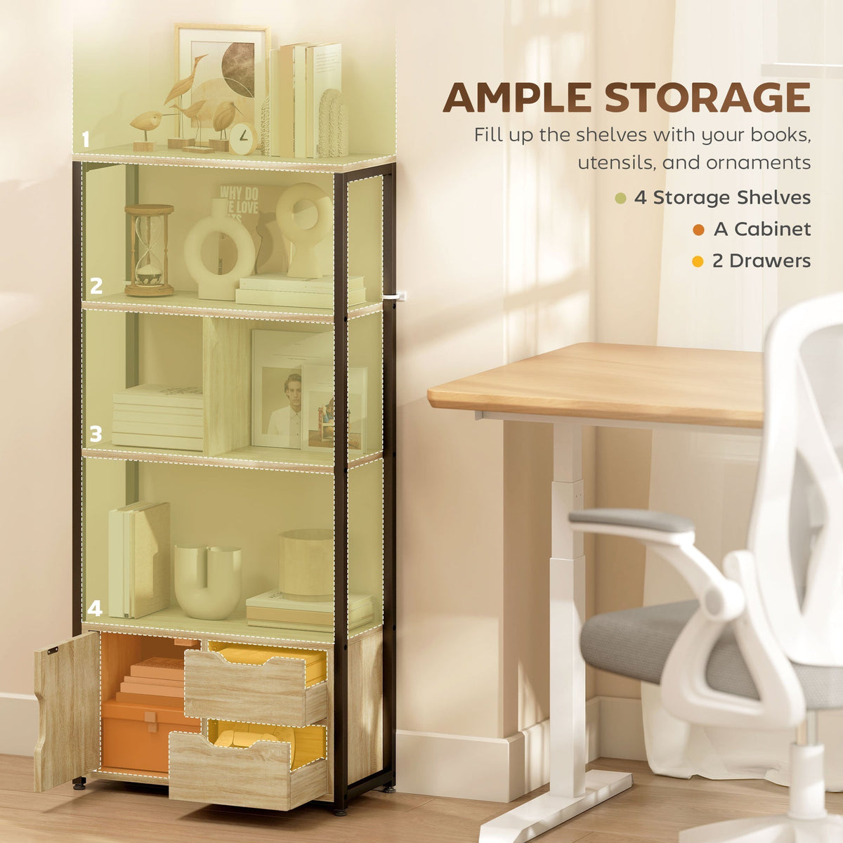 This storage unit has four shelves and two drawers, with items displayed