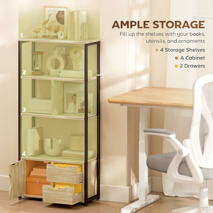 This storage unit has four shelves and two drawers, with items displayed