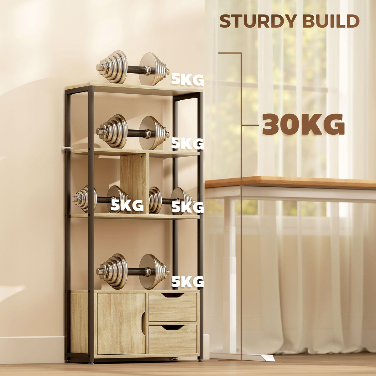 The four-tier bookcase with a cabinet and two drawers, shown with weights on shelves to demonstrate its sturdy build
