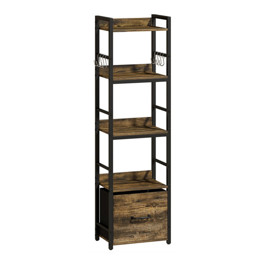 HOMCOM 4-Tier Bookshelf with a metal frame and rustic brown shelves and drawer