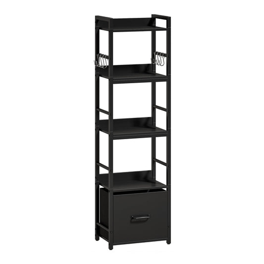 HOMCOM 4-Tier Bookshelf, narrow bookcase with a drawer and eight hooks, black metal frame