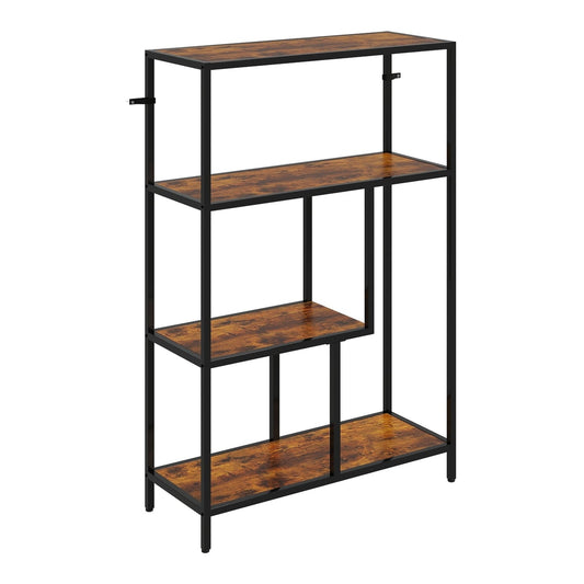 HOMCOM 4-Tier Bookshelf with Open Shelves featuring a black metal frame and rustic brown wooden shelves